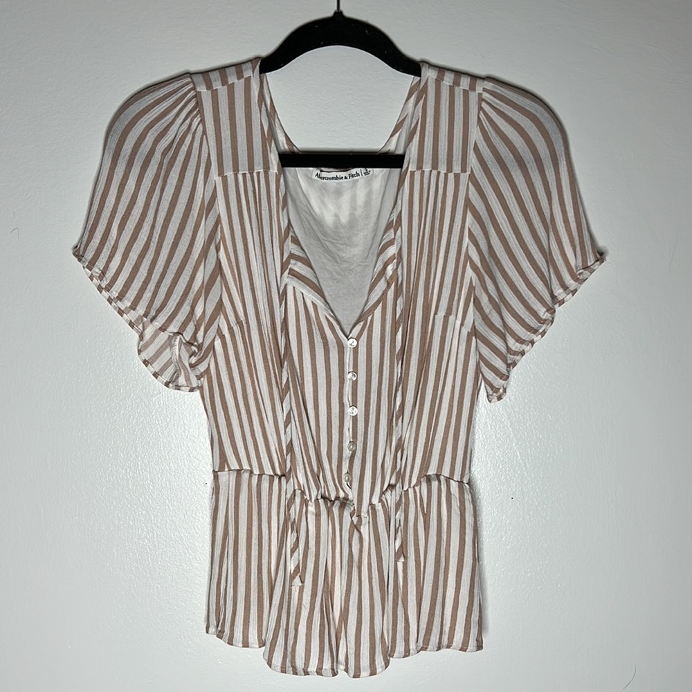 Button-Through Flutter Sleeve Top - Tan Stripe - … - image 2